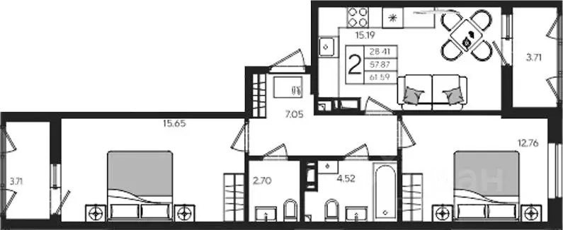2-к кв. Краснодарский край, Краснодар ул. Им. Сорока А.М., 40 (61.59 ... - Фото 2
