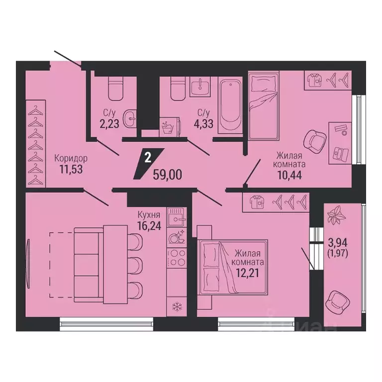 2-к кв. Свердловская область, Екатеринбург пер. Ученический, 4 (59.47 ... - Фото 1