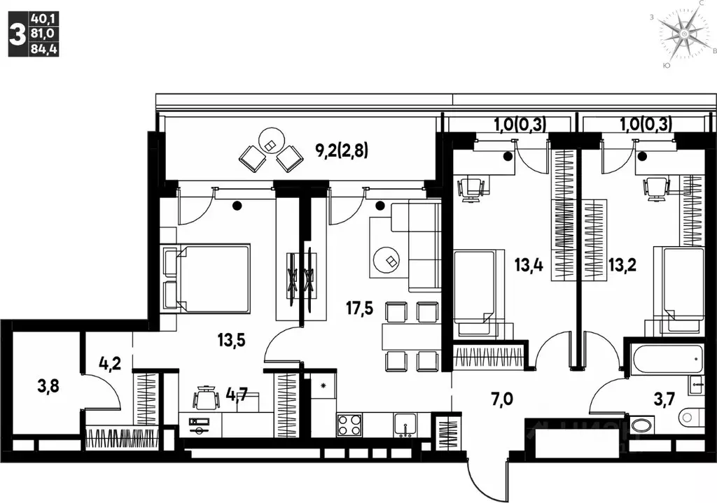 3-к кв. Пермский край, д. Кондратово просп. Дягилева, 2 (84.4 м) - Фото 1