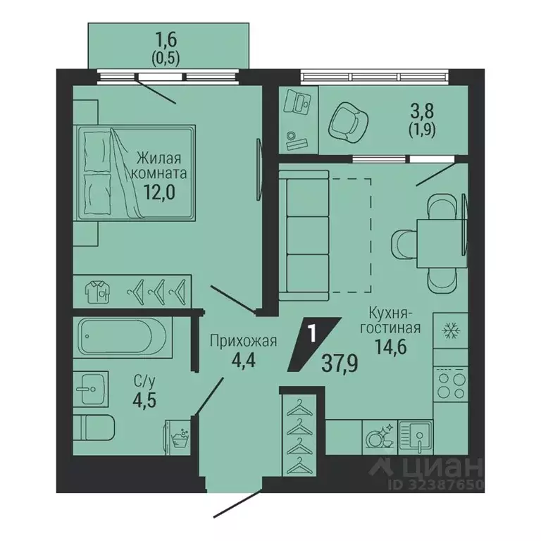 1-к кв. Свердловская область, Екатеринбург Вторчермет жилрайон,  (37.9 ... - Фото 2