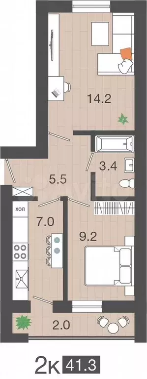 2-к. квартира, 41,3 м, 1/4 эт. - Фото 1