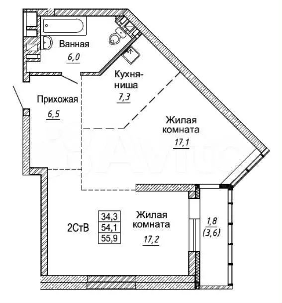 2-к. квартира, 55,9 м, 7/30 эт. - Фото 0