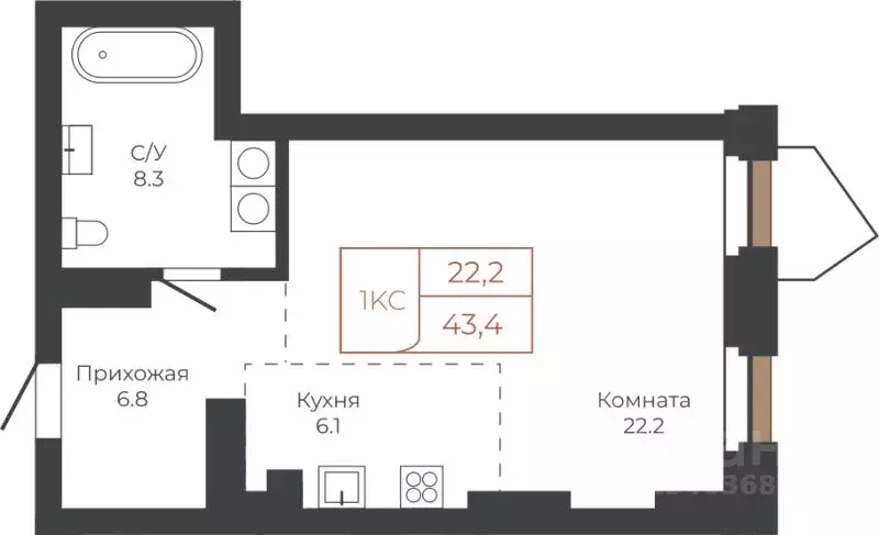 1-к кв. Алтайский край, Барнаул пл. Баварина, 8к1 (43.0 м) - Фото 1