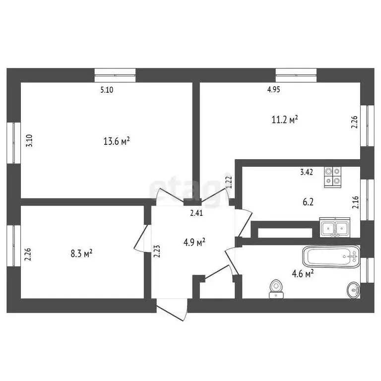 3-комнатная квартира: Табачное, улица Н.Г. Сотника, 37 (52.7 м) - Фото 1