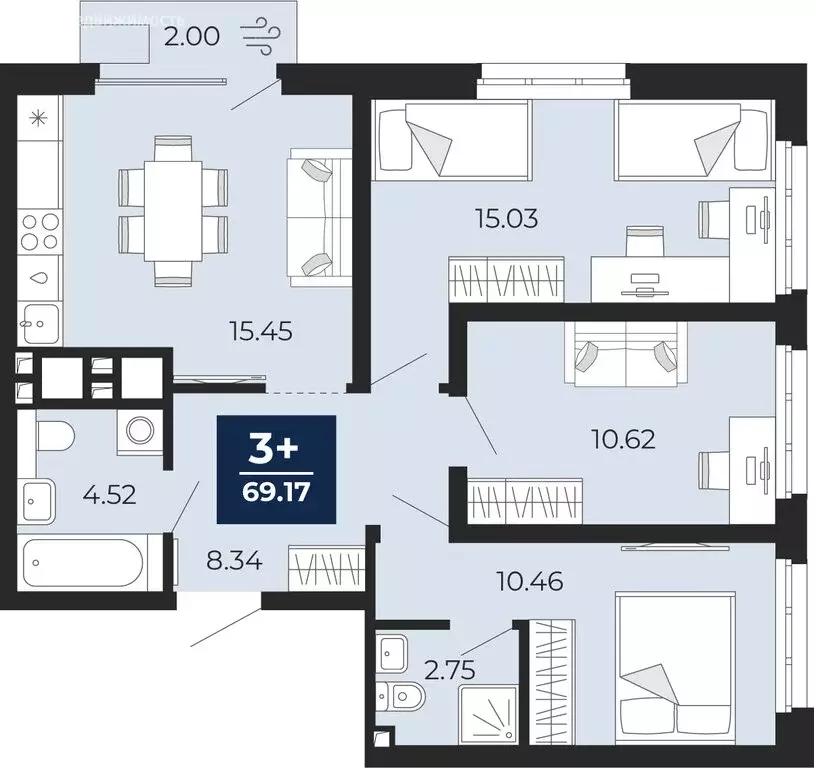 3-комнатная квартира: Тюмень, Ленинский округ, ЖК Беринг (67.77 м) - Фото 1
