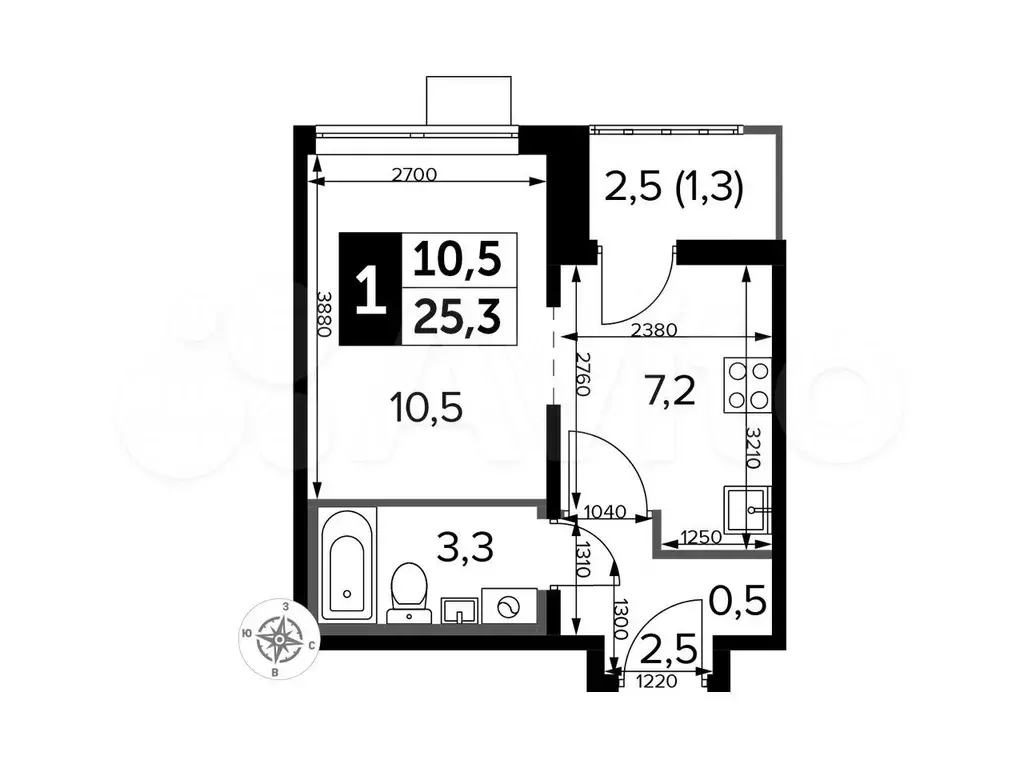 Квартира-студия, 25,3м, 12/24эт. - Фото 0