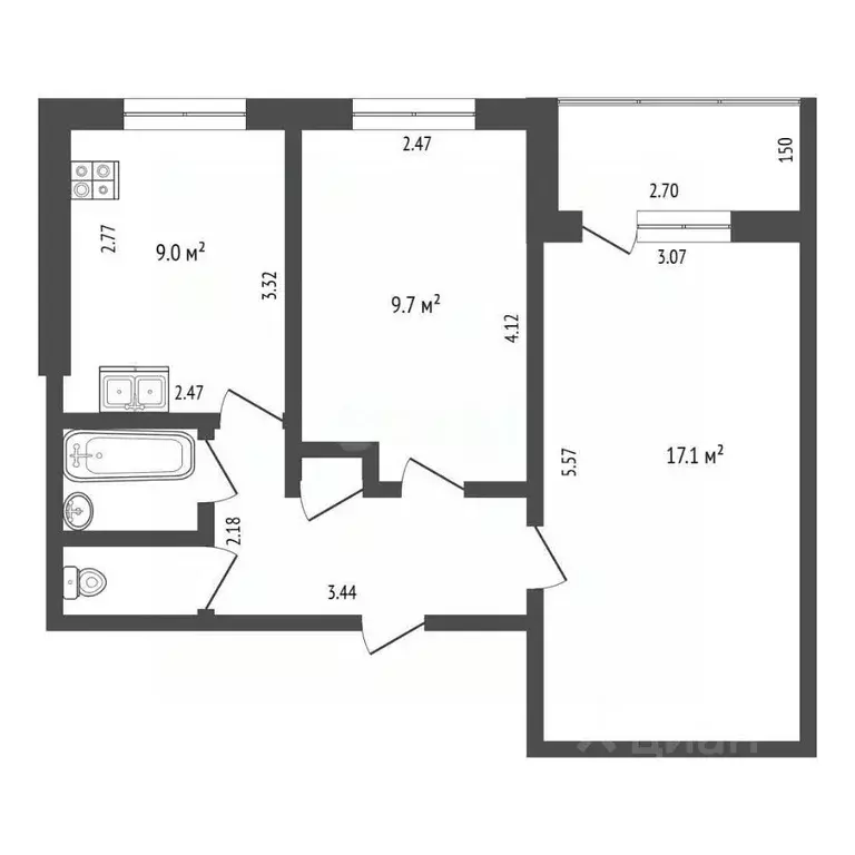 2-к кв. Кемеровская область, Новокузнецк ул. Тореза, 89/40 (43.2 м) - Фото 2