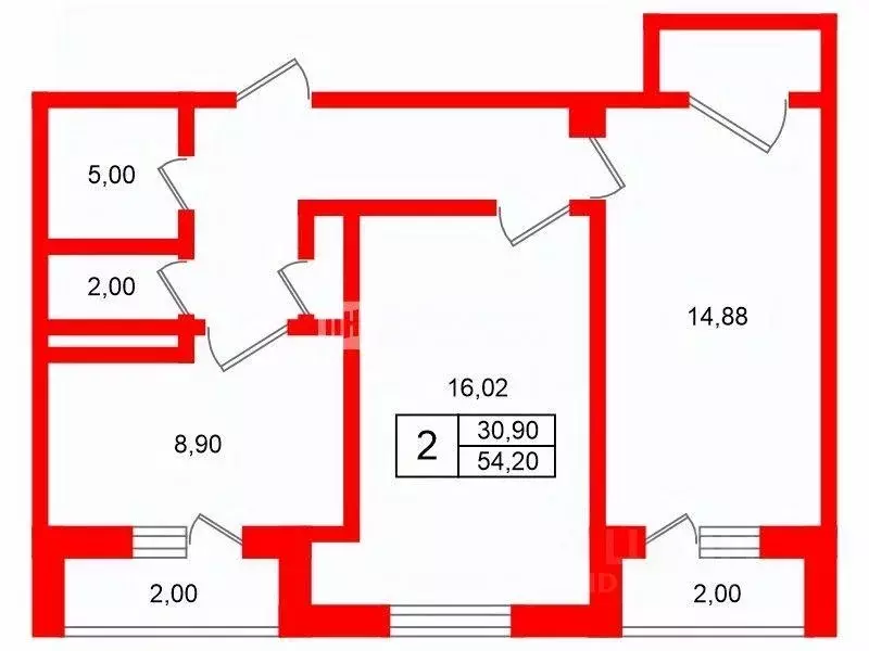 Квартира, 2 комнаты, 54.2 м - Фото 1