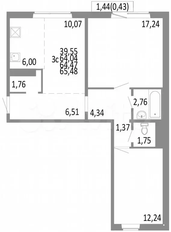 3-к. квартира, 64,5 м, 5/10 эт. - Фото 0