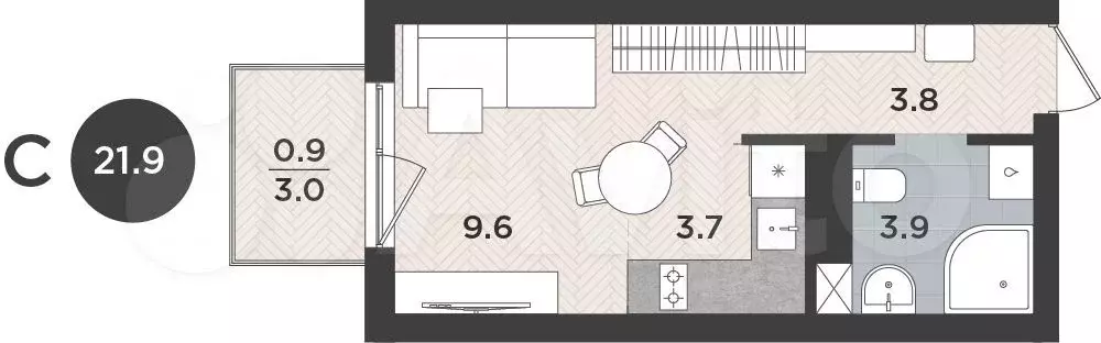 Квартира-студия, 21,9 м, 2/9 эт. - Фото 0