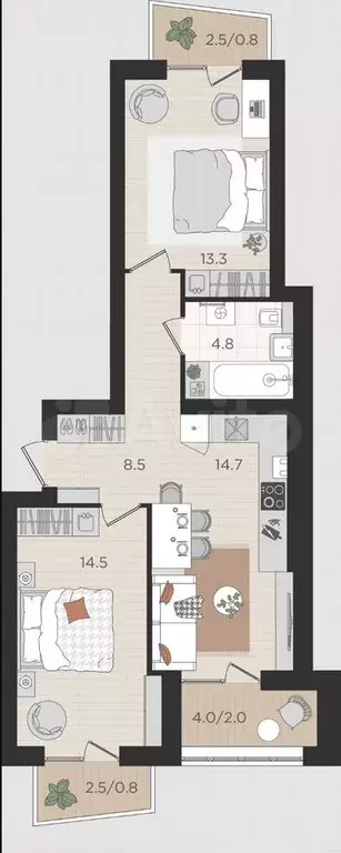 2-к. квартира, 59,4 м, 3/4 эт. - Фото 1