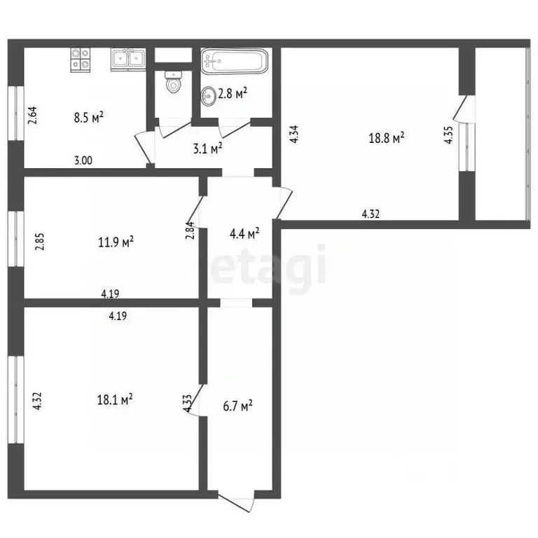 3-к кв. Челябинская область, Челябинск ул. Трашутина, 13 (75.3 м) - Фото 1