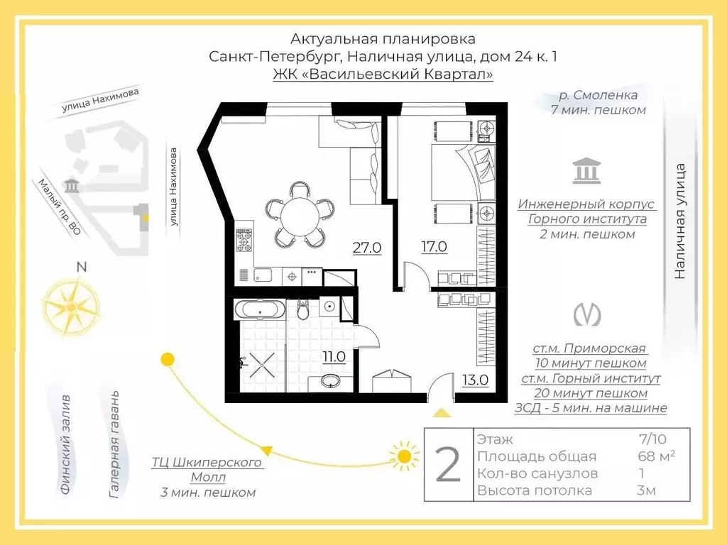 1-к кв. Санкт-Петербург Наличная ул., 24к1 (68.0 м) - Фото 2