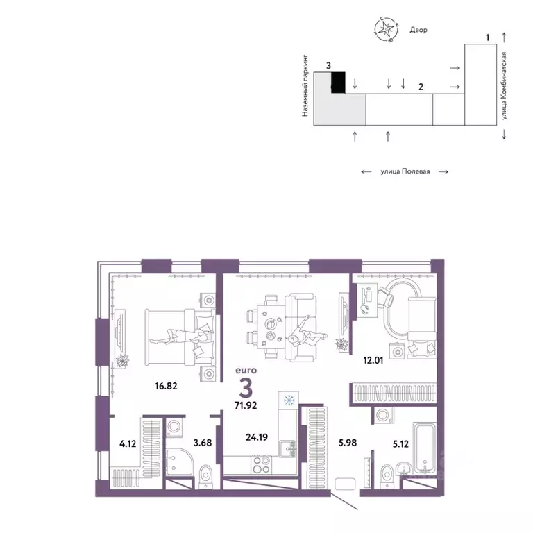 3-к кв. Тюменская область, Тюмень Полевая ул., 108 (71.92 м) - Фото 0