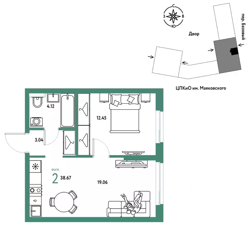 2-к кв. Свердловская область, Екатеринбург пер. Базовый, 10 (38.67 м) - Фото 1