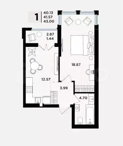 1-к. квартира, 43 м, 1/5 эт. - Фото 1