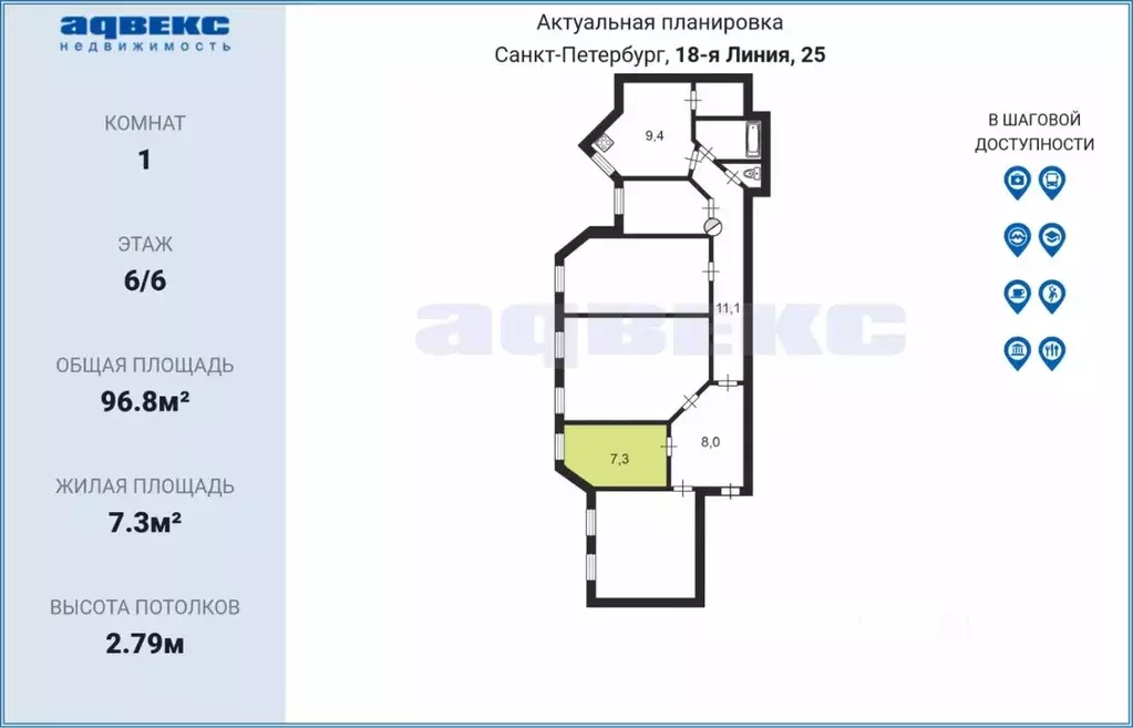 Комната Санкт-Петербург 18-я Васильевского острова линия, 25 (7.3 м) - Фото 1