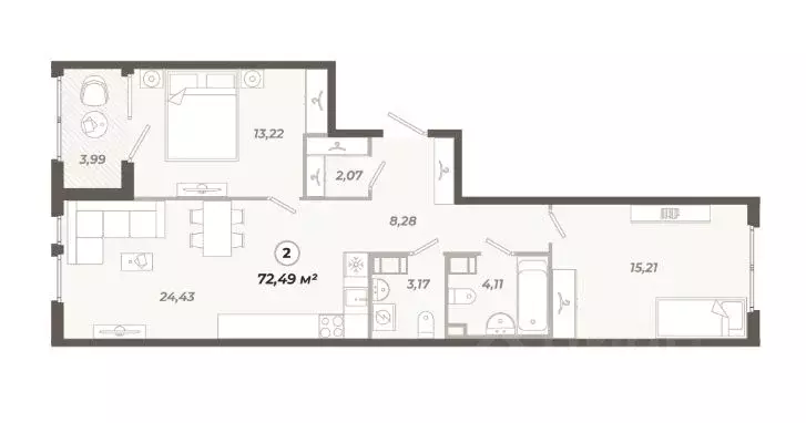 2-к кв. Санкт-Петербург ул. Коли Томчака, 21Д (72.49 м) - Фото 0