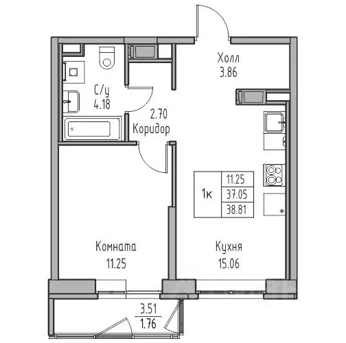 1-к кв. Санкт-Петербург ул. Ивинская, 1к4 (38.81 м) - Фото 1