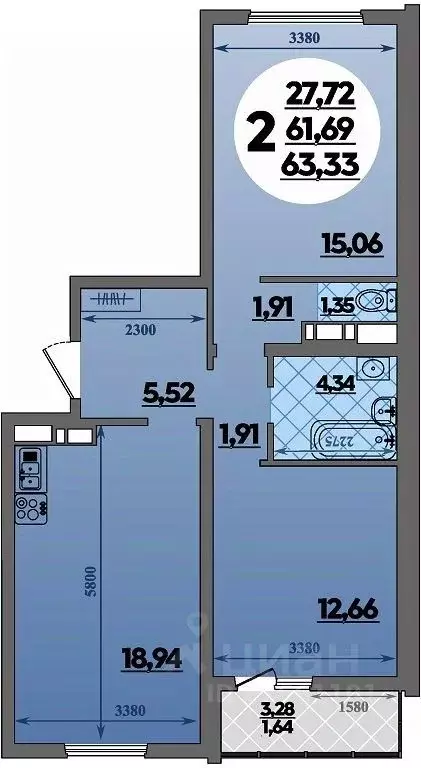 2-к кв. Адыгея, Майкоп ул. Михайлова, 7 (63.33 м) - Фото 1