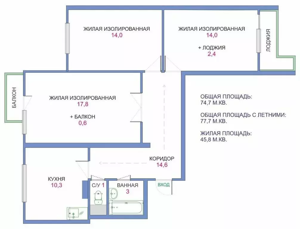 3-комнатная квартира: Москва, Красноярская улица, 1 (77 м) - Фото 1