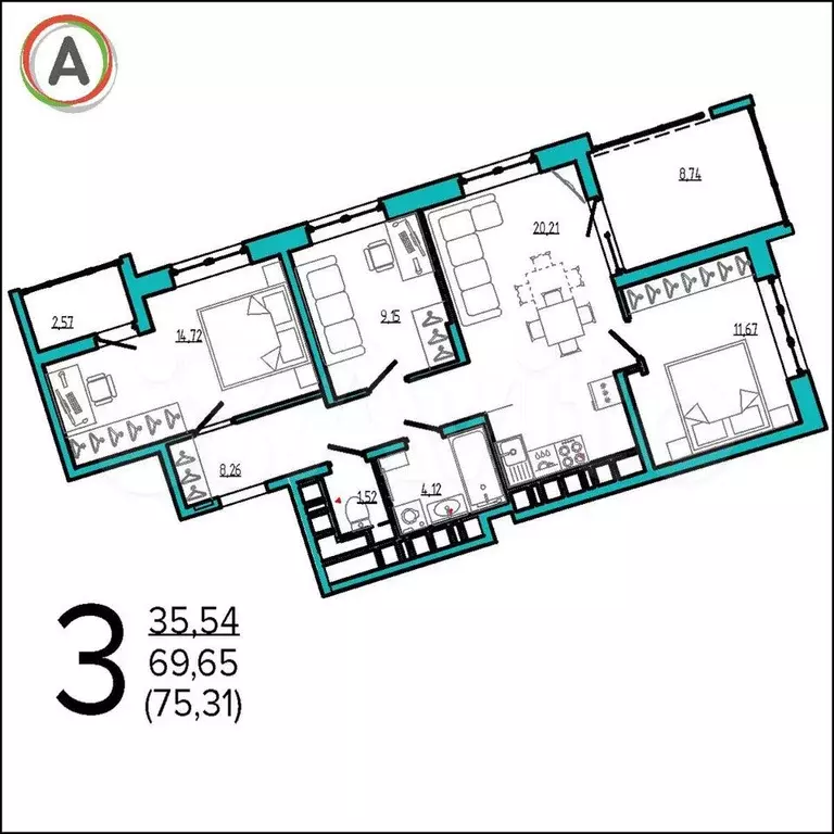 3-к. квартира, 75,3 м, 3/16 эт. - Фото 0