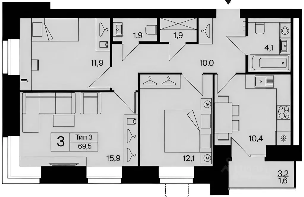3-к кв. Коми, Сыктывкар Тентюковская ул., 320к1 (67.9 м) - Фото 2