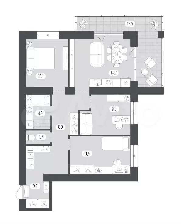 3-к. квартира, 81,5 м, 5/9 эт. - Фото 1