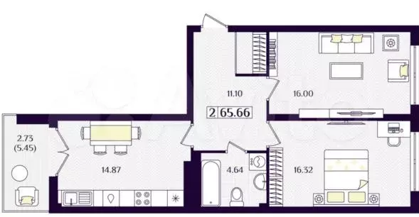 2-к. квартира, 65,6 м, 5/7 эт. - Фото 1