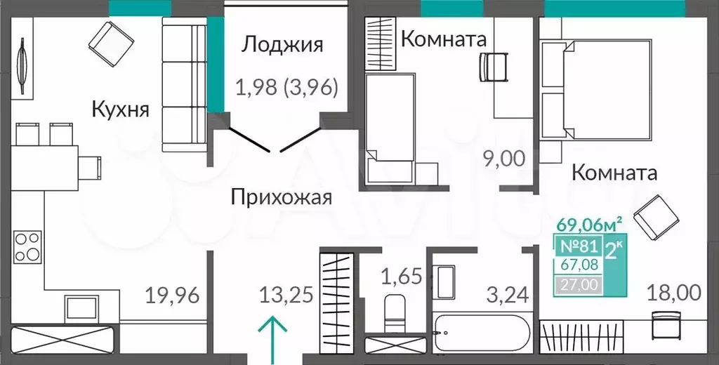 2-к. квартира, 67,1 м, 4/9 эт. - Фото 0