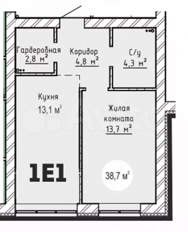 1-к. квартира, 38,7 м, 6/8 эт. - Фото 0