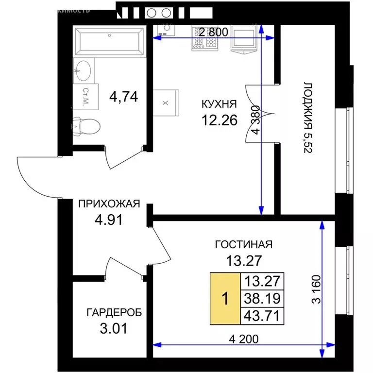 1-комнатная квартира: Гурьевск, жилой комплекс Включи (43.71 м) - Фото 0