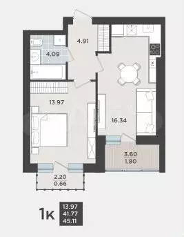 1-к. квартира, 45,1 м, 9/9 эт. - Фото 1