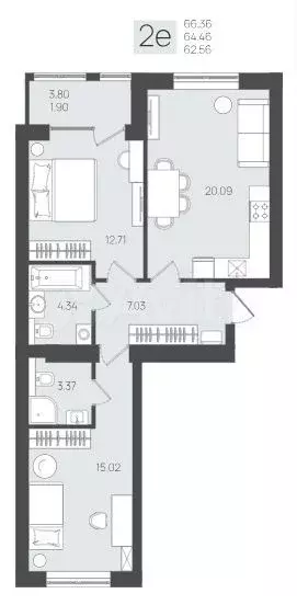 2-к. квартира, 64,5 м, 4/5 эт. - Фото 1