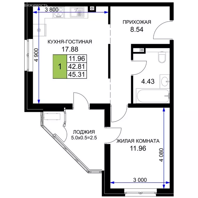 1-комнатная квартира: Краснодар (45.31 м) - Фото 0