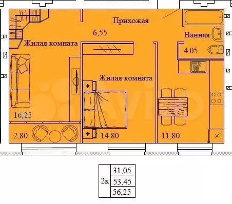 2-к. квартира, 56,3 м, 1/3 эт. - Фото 0