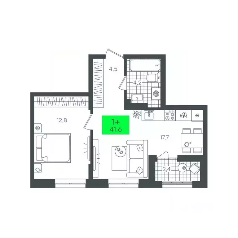1-к кв. Тюменская область, Тюмень Комарово Парк жилрайон,  (41.6 м) - Фото 1