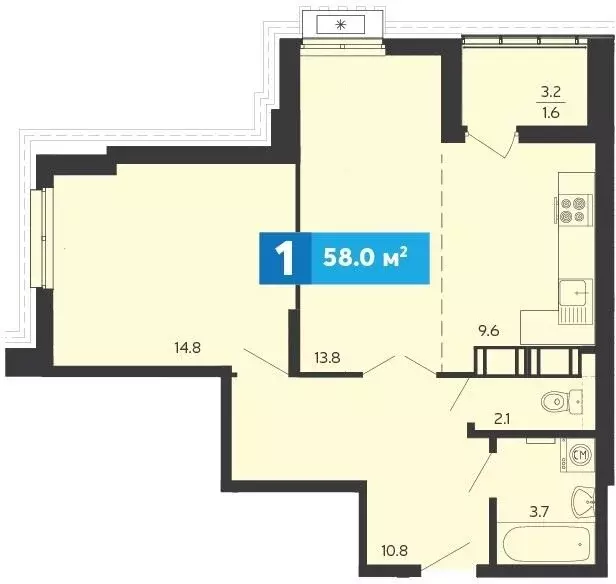 2-комнатная квартира: Засечное, Прибрежный бульвар, 5 (58 м) - Фото 1