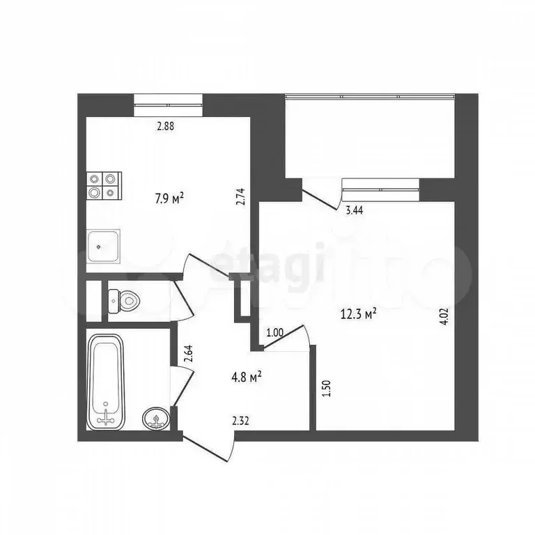 1-к. квартира, 31,2 м, 3/9 эт. - Фото 1