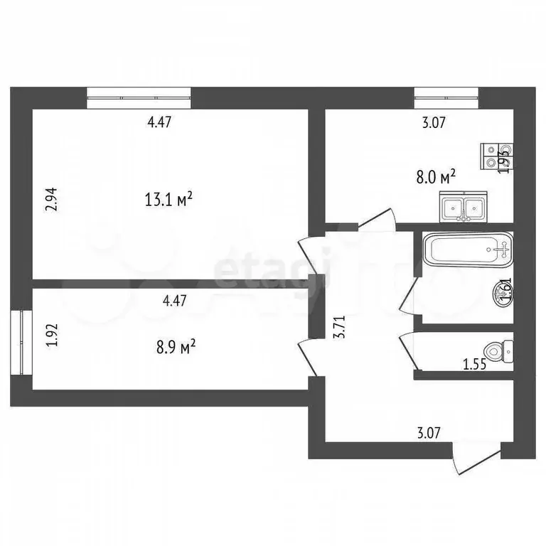 2-к. квартира, 37,6 м, 2/4 эт. - Фото 0