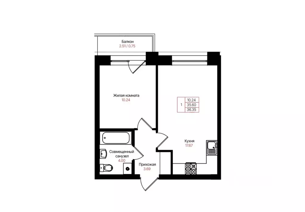 1-к кв. Татарстан, Казань Лето жилой комплекс (36.35 м) - Фото 2