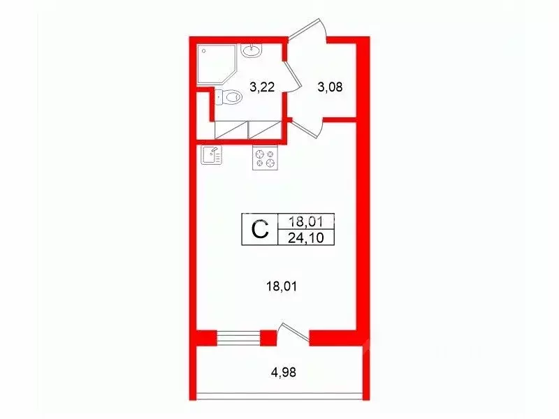 Студия Санкт-Петербург ул. Летчика Лихолетова, 14к2 (24.1 м) - Фото 2