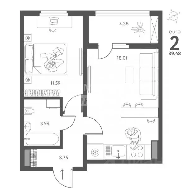 1-к кв. Липецкая область, Липецк ул. Перова, 2 (40.0 м) - Фото 1