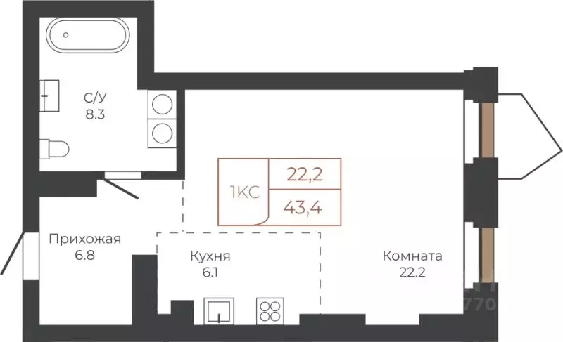 1-к кв. Алтайский край, Барнаул пл. Баварина, 8к1 (43.4 м) - Фото 0