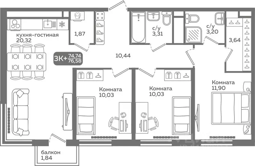 3-к кв. Тюменская область, Тюмень ул. Заполярная, 9/2 (74.74 м) - Фото 1