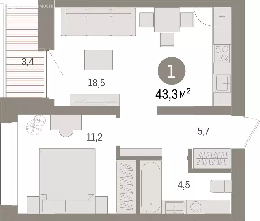 1-комнатная квартира: Тюмень, Мысовская улица, 26к1 (43.34 м) - Фото 1