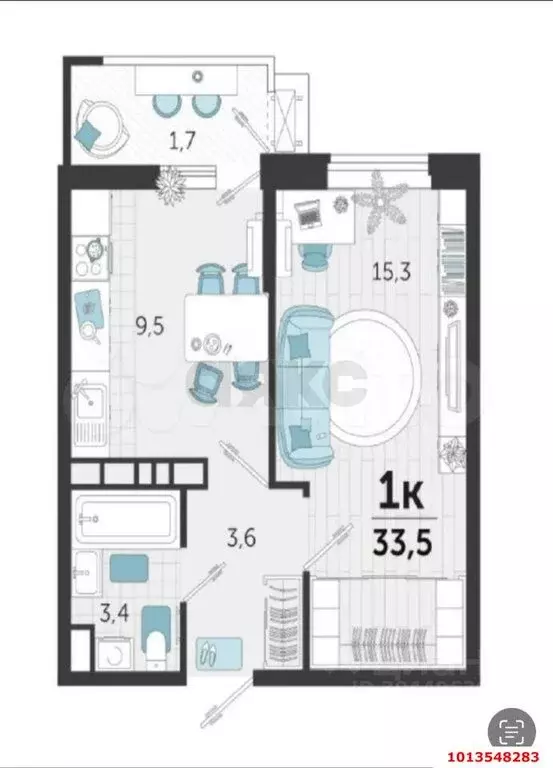 1-комнатная квартира: краснодар, улица автолюбителей, 1гк1 (34 м) - Фото 0