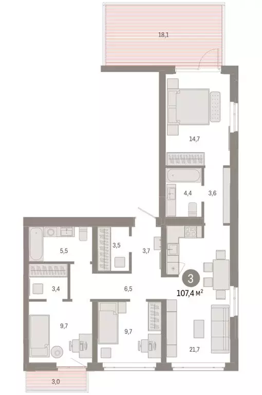 3-комнатная квартира: Тюмень, улица Республики, 205к3 (107.36 м) - Фото 2