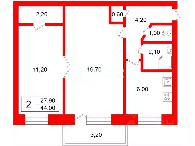 2-к кв. Санкт-Петербург Авиационная ул., 36 (44.0 м) - Фото 2