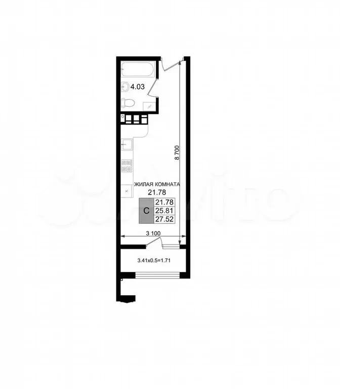 Квартира-студия, 27,5 м, 8/8 эт. - Фото 1